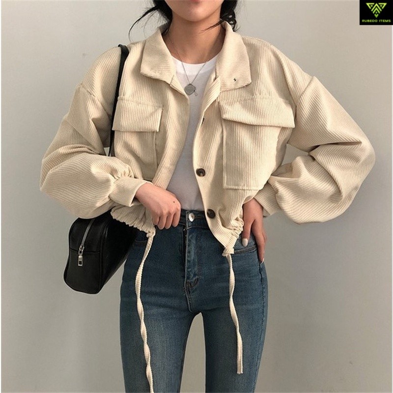 Forteid Jaket Corduroy Wanita Korean Style Crop Top Lengan Panjang|Jaket Corduroy Wanita Vintage Len