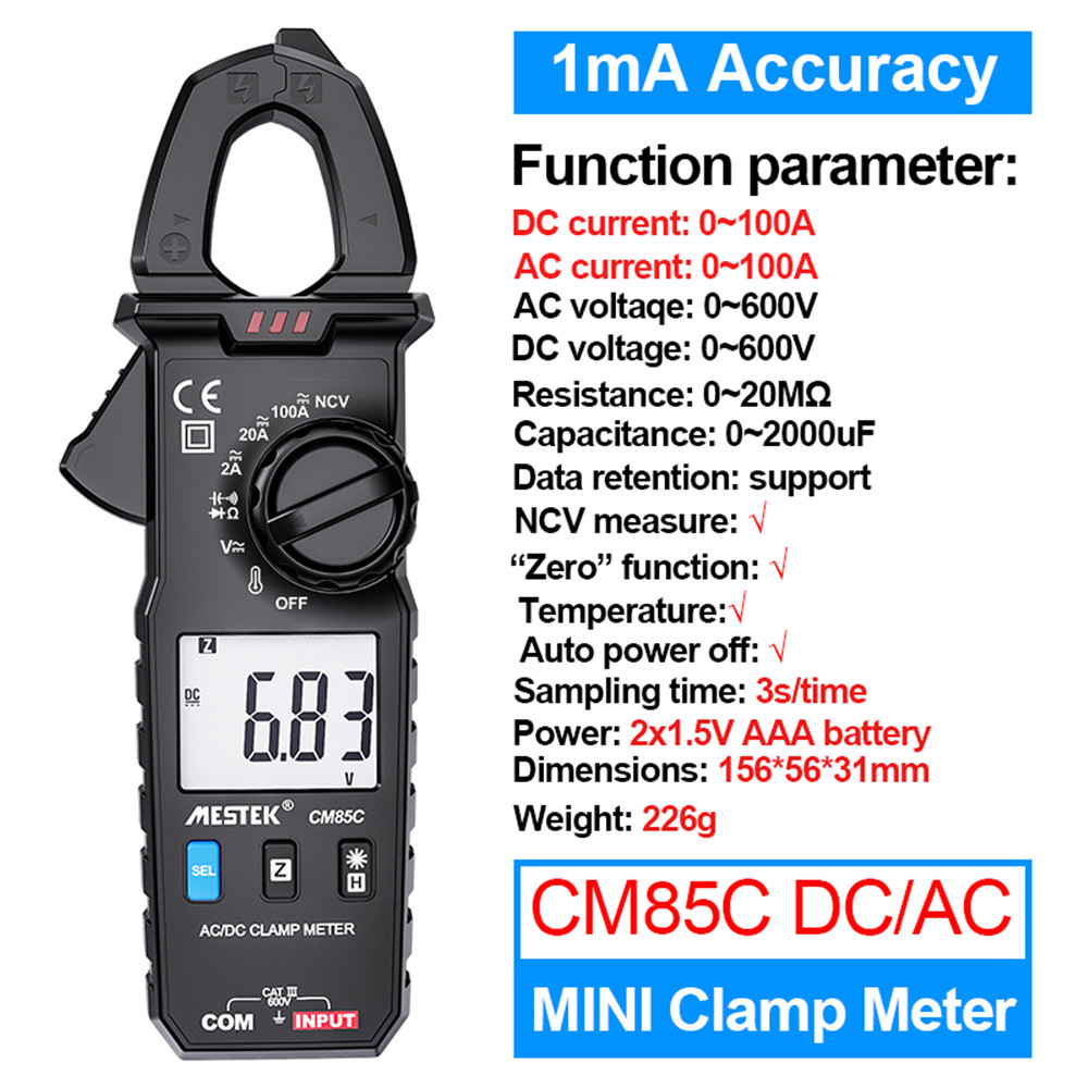 Mestek Digital Clamp Meter AC/DC Accuracy 1mA Electric Current Clamp Meter Pinza Amperimetrica 100A 