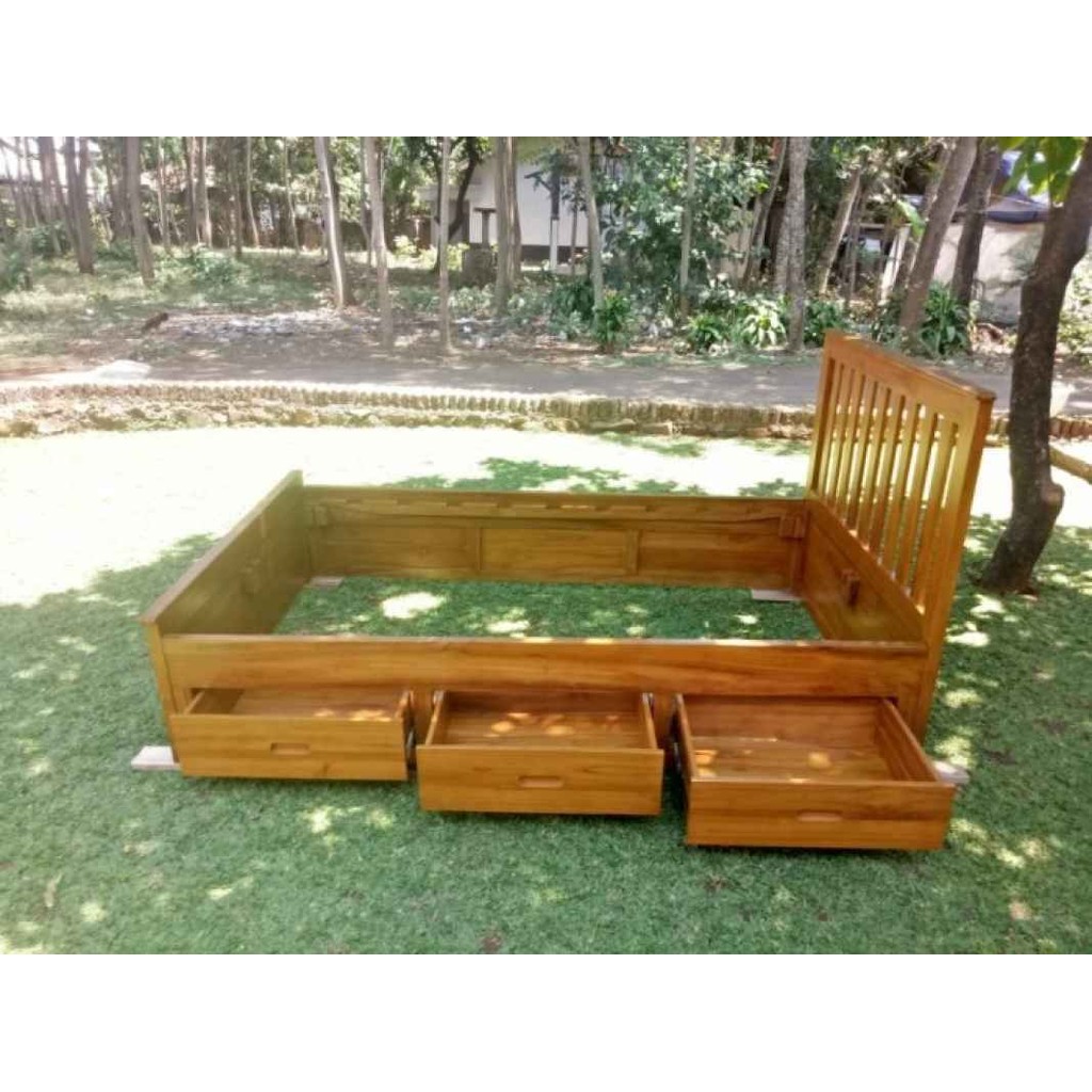 Dipan Divan Sorong 3 Laci / drawer 120x200 cm Kayu Jati - Natural