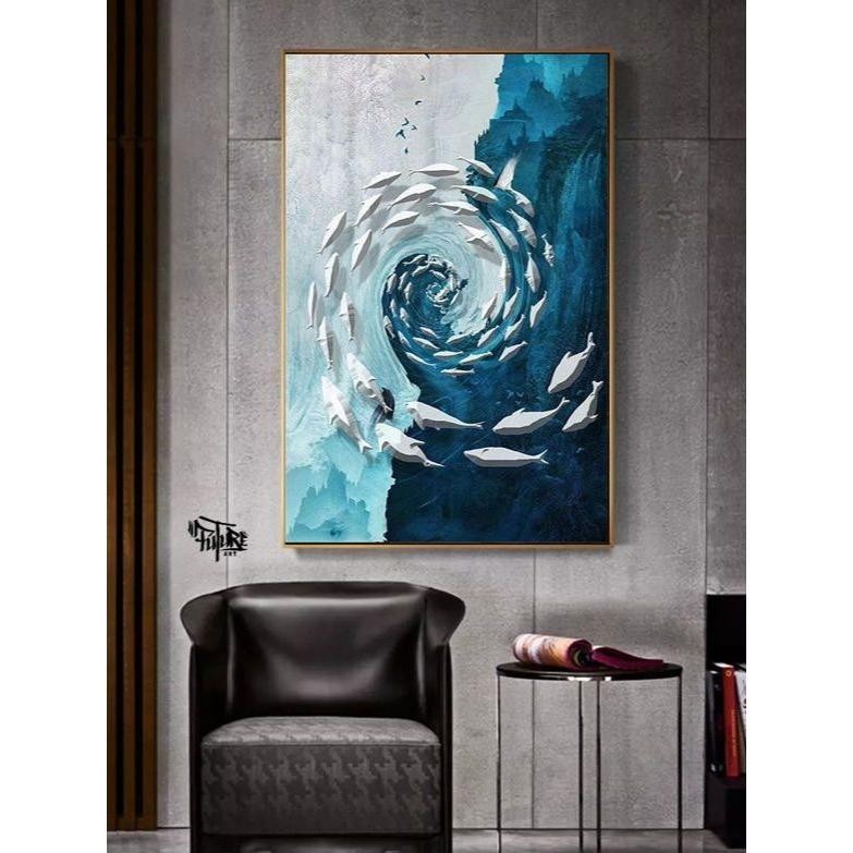 Lukisan abstrak ikan hiasan dinding mewah ruang tamu - future art painting