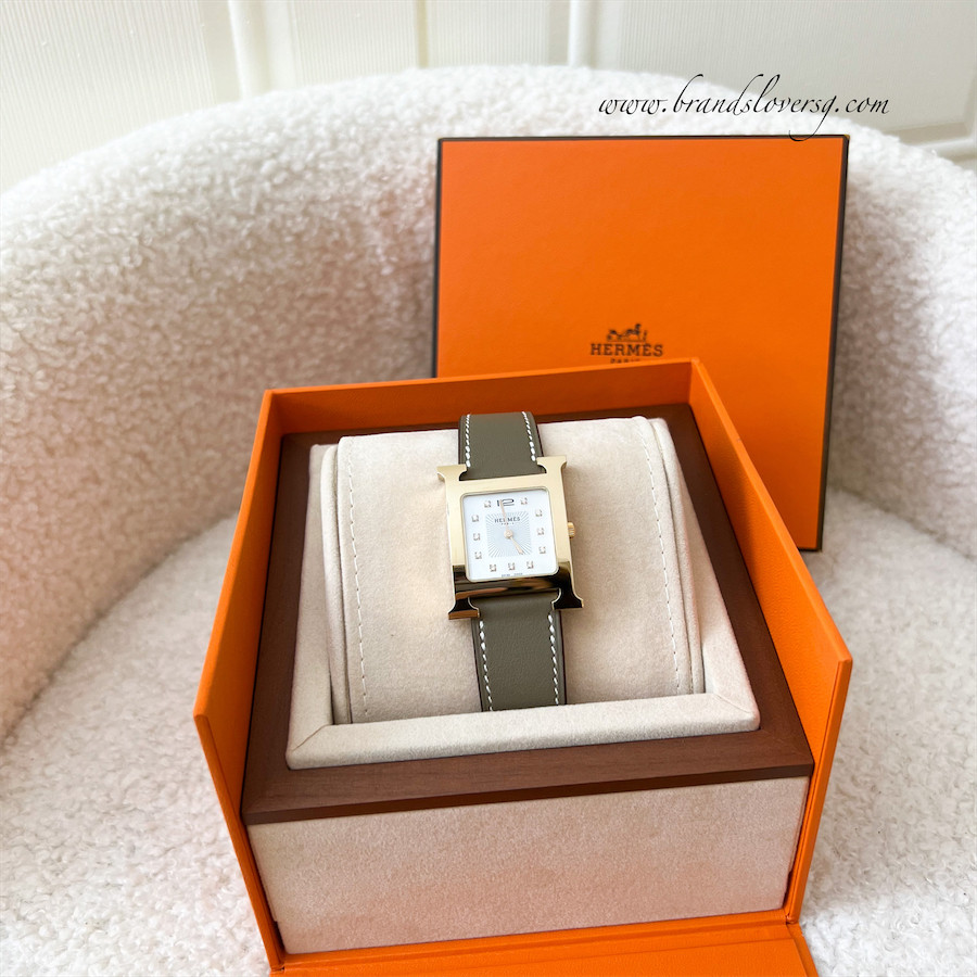 (Brand new) Hermes Heure H MM Watch with Diamond Markers and Etoupe Calfskin Strap