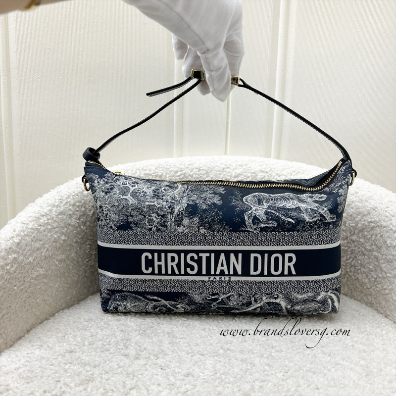 (Pre-loved) Dior Medium DiorTravel Nomad Pouch in Blue Toile de Jouy Reverse Technical Fabric