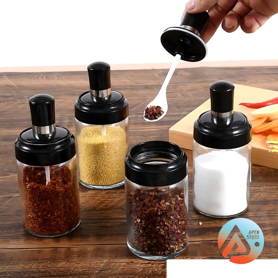 Tempat Bumbu Dapur Dengan Sendok Toples Wadah Serbaguna Botol Kaca Garam Kopi Gula Barang Unik