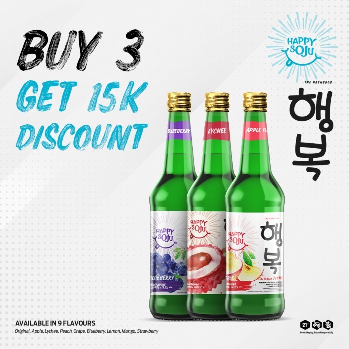 

Happy Soju Buy 3 Bottle Get DISCOUNT 15 K