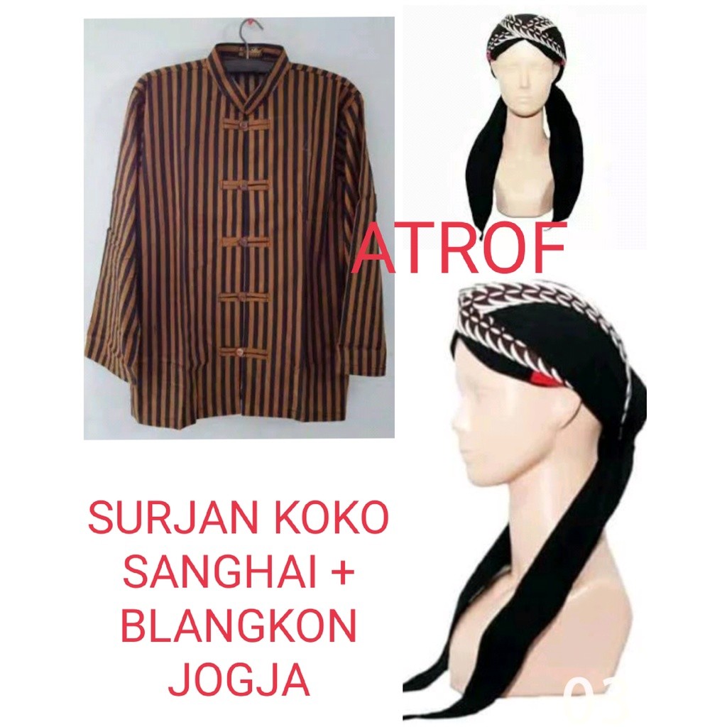 Surjan Lurik Sanghai Koko + BLANGKON JOGJA SAMURAI SLIWIR HITAM / Baju Adat Jawa LURIK Model Sanghai