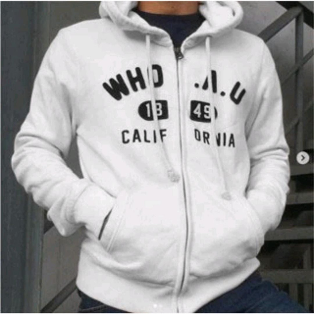 Jaket Sweater Hoodie Zipper WHO California Putih Logo Texs Pull Bordir Premium High Quality Distro F