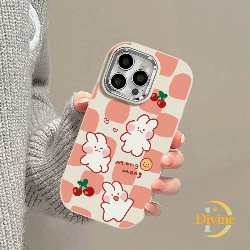 Casing IPhone Kelinci ceri kotak-kotak Soft Case Lucu Chubby Case untuk IPhone 11 12 13 14 15 Pro Ma