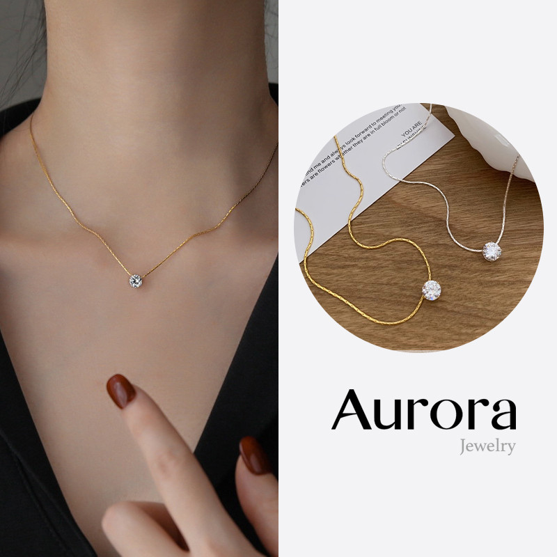 【AURORA】 Kalung Berlian Satu Butir｜Kalung Simple Emas & Perak Elegan