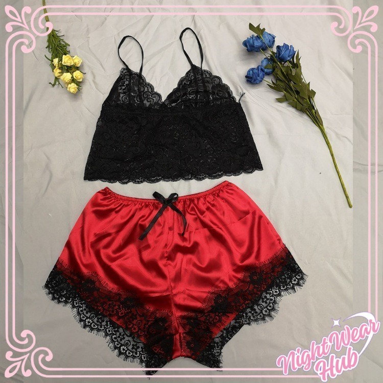 nightwearhub Baju Tidur Wanita Set Celana Pendek Wanita + Tank Top Renda Berwarna Hitam Motif Flora 