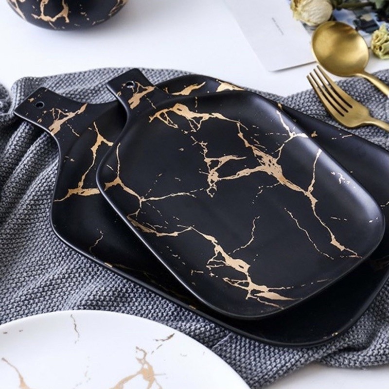 Piring Steak Keramik Kotak dengan Pegangan Classic Steak Plate Hitam Elegan - hoomey