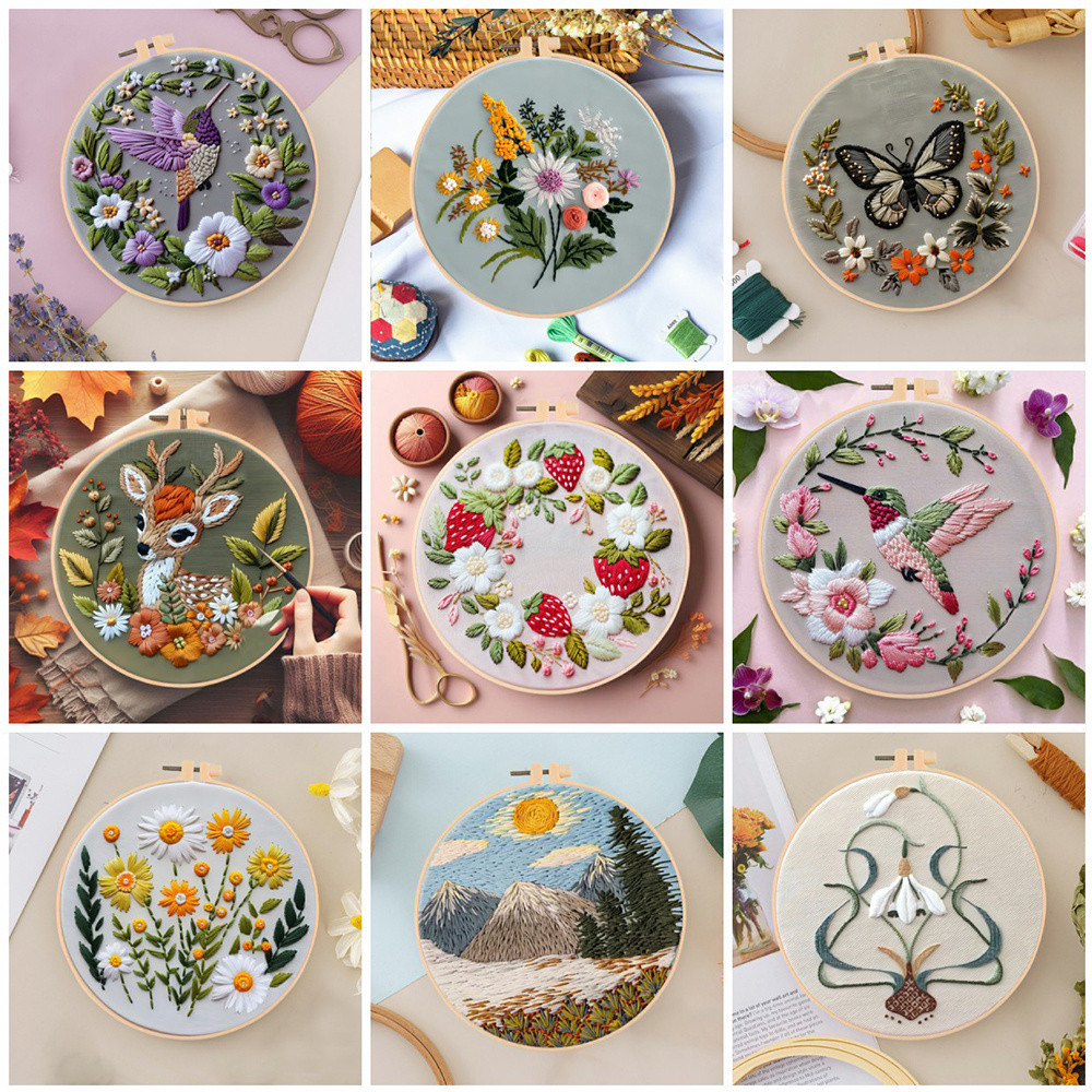 

Floral Bird Animal Wreath Design Mixed Color Threads Needles And Instructions For All Crafting Embroidery Kits With Hoop
