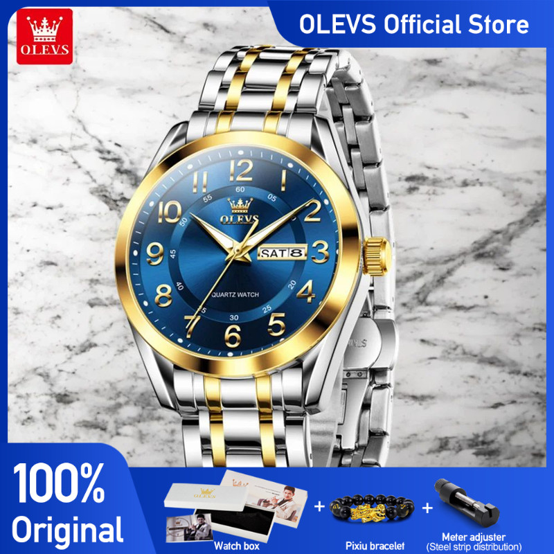 OLEVS 3666 Mens Watch Original Quartz Watch Waterproof Luminous Watch For Man Stainless Steel Day Da
