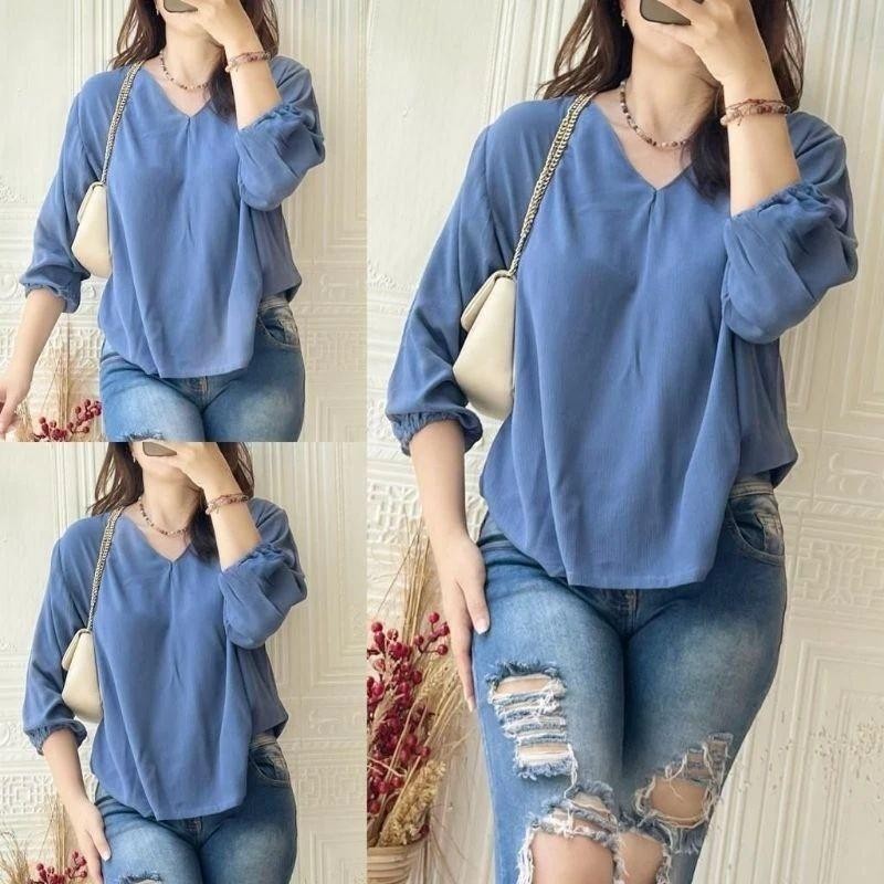 Atasan Wanita Blouse V neck Crinkle Airplow Size L XL XXL Terbaru Murah
