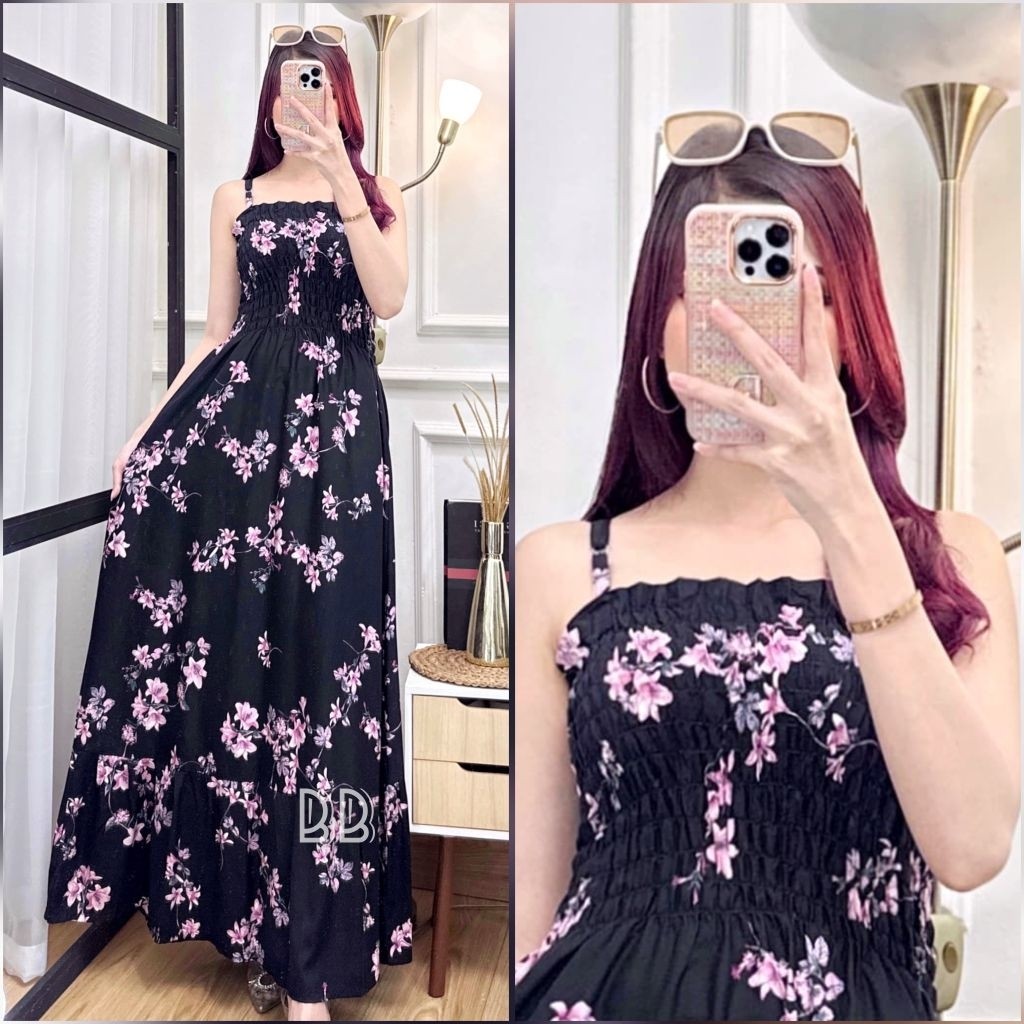 Korean Dress Rayon Motif Grade A/Dress Wanita Kekinian/Dress Kerut Tali Gasper/Inner Dress