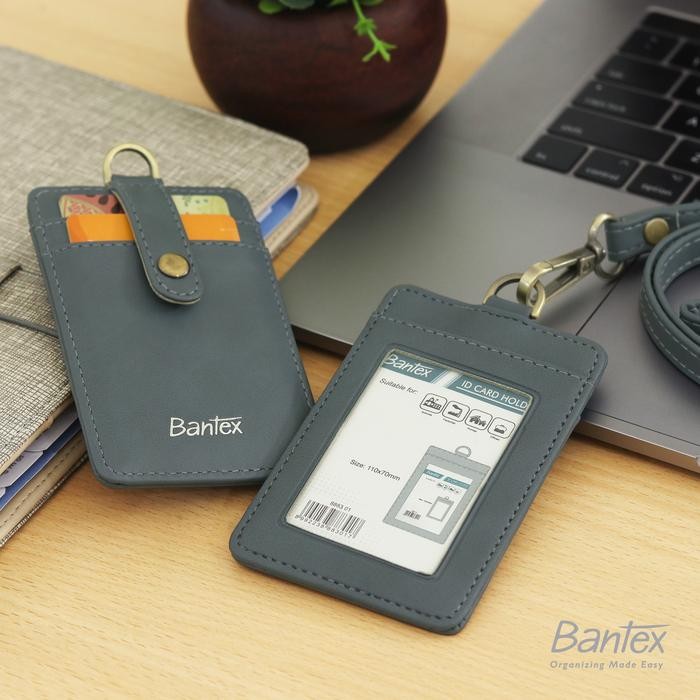 

Ready Bantex Leather Name Tag ID Card Holder Button 8883 Kulit Sintetis Lanyard Tali - Blue