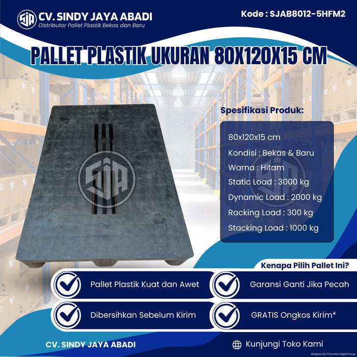 

Pallet Plastik Bekas Ukuran 80x120x15 cm - SJAB8012-5HFM2 / Pallet Plastik Warna Hitam / Pallet Plastik Flat