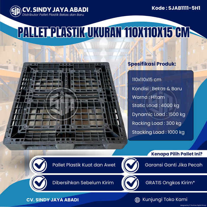 Pallet Plastik Bekas Ukuran 110x110x15 cm - SJAB1111-5H1 / Pallet Plastik Warna Hitam / Pallet Plast