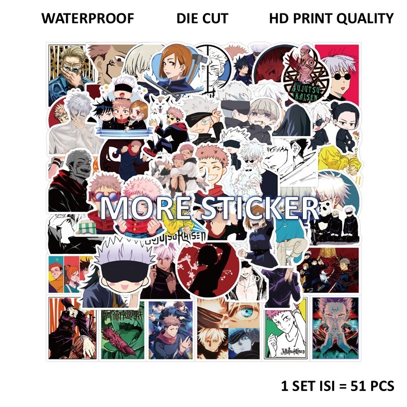 

ISI 51 PCS STICKER PACK MOTIF ANIME JUJUTSU KAISEN PVC VINYL WATERPROOF UKURAN 4-5CM HP LAPTOP KOPER HELM MOTOR