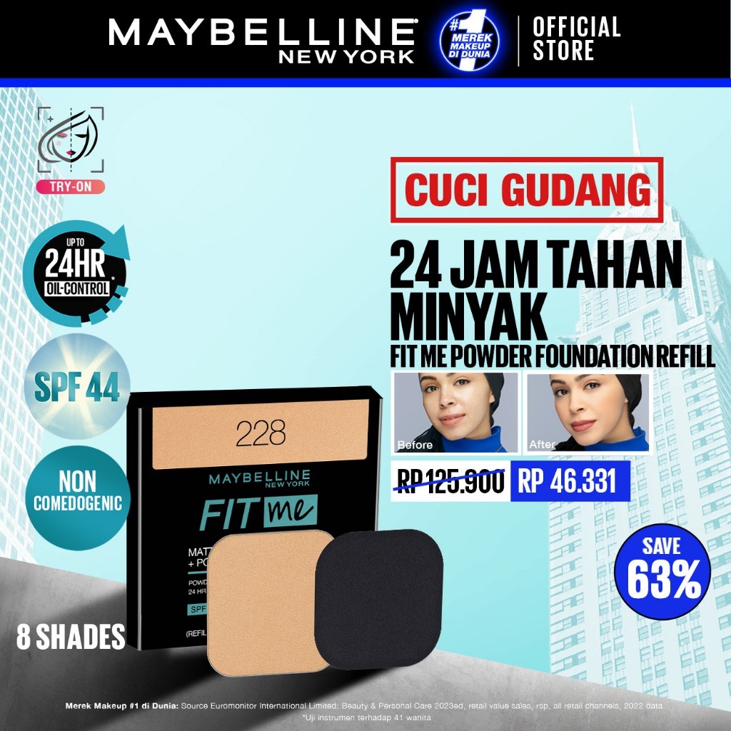 MAYBELLINE  Fit Me 24HR (Refill) Oil Control Powder Foundation 9gr - Makeup Bedak Two Way Cake TWC S