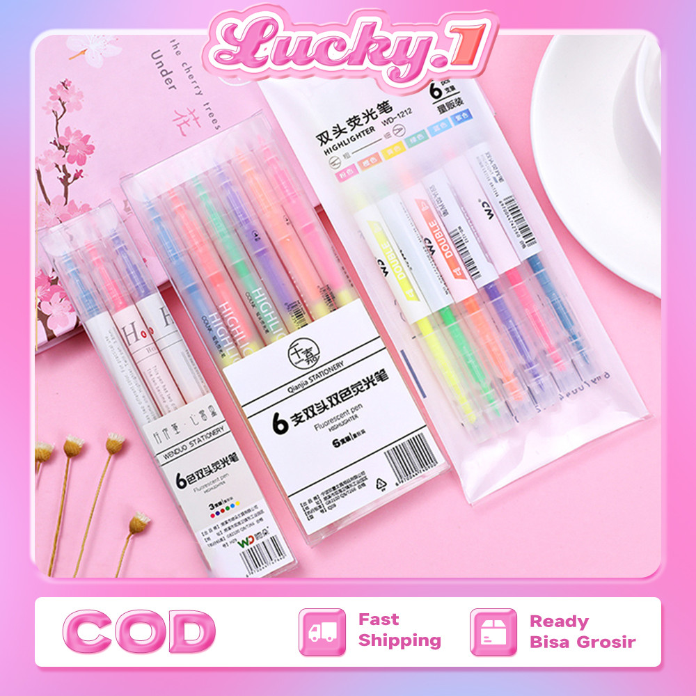 

6Pcs Stabilo Set Warna Warni Double Side Pulpen Dua Sisi Highlighter Lucu Journal Marker Pen Alat Tulis