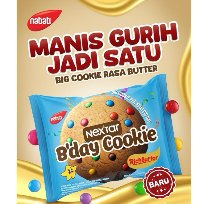 

NABATI NEXTAR BDAY BIG COOKIE 30GR BISKUIT RASA BUTTER COKELAT CHIP WARNA WARNI HALAL