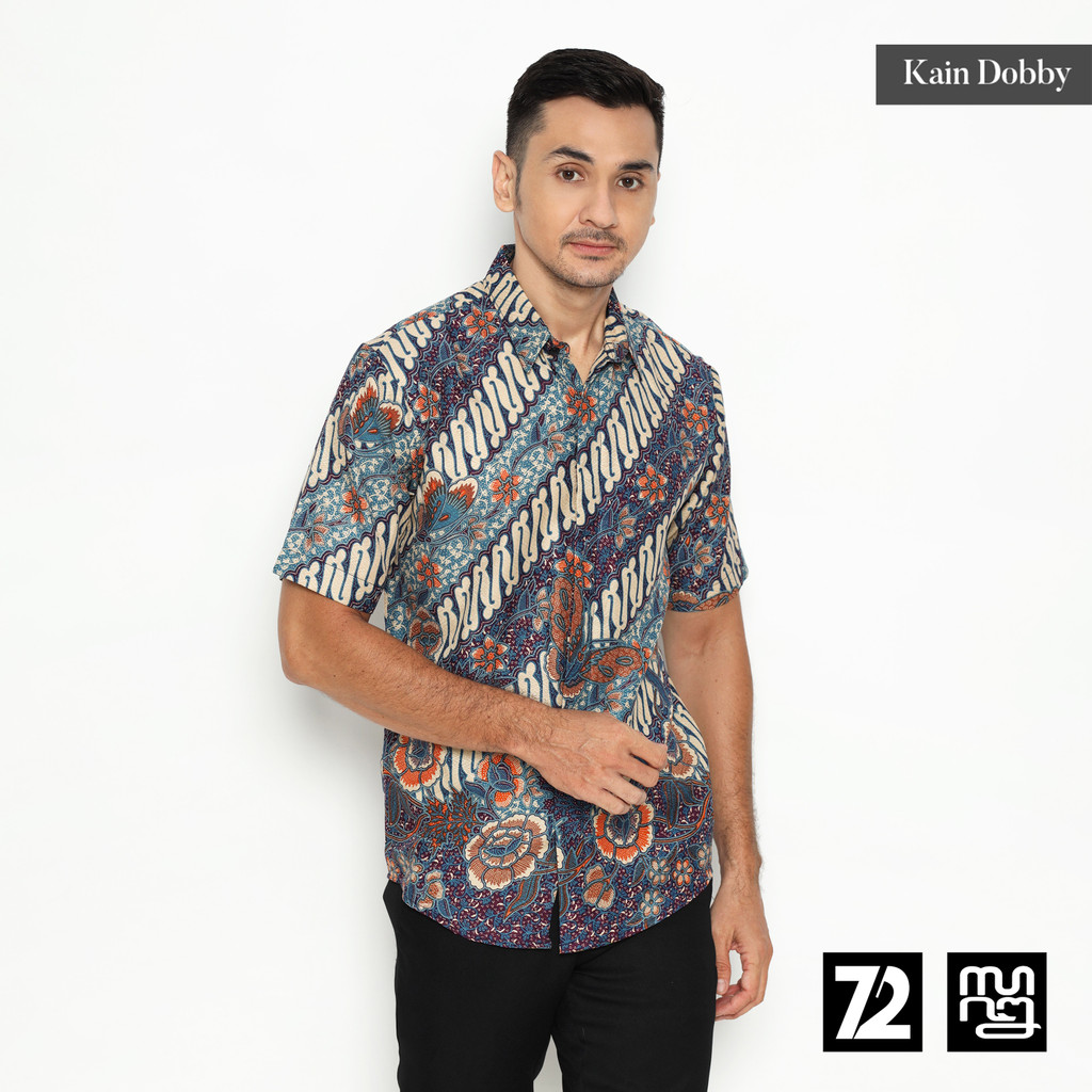 KEMEJA BATIK PRIA LENGAN PENDEK Bahan Dobby Motif Mahesa Warna Ungu Putih 725154