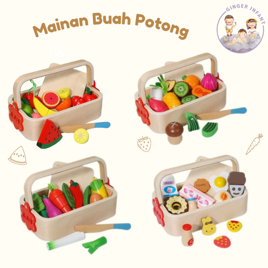 XX56TF GINGERINFANT mainan buah potong keranjang kayu wooden basket fruits veggies mainan buah poton