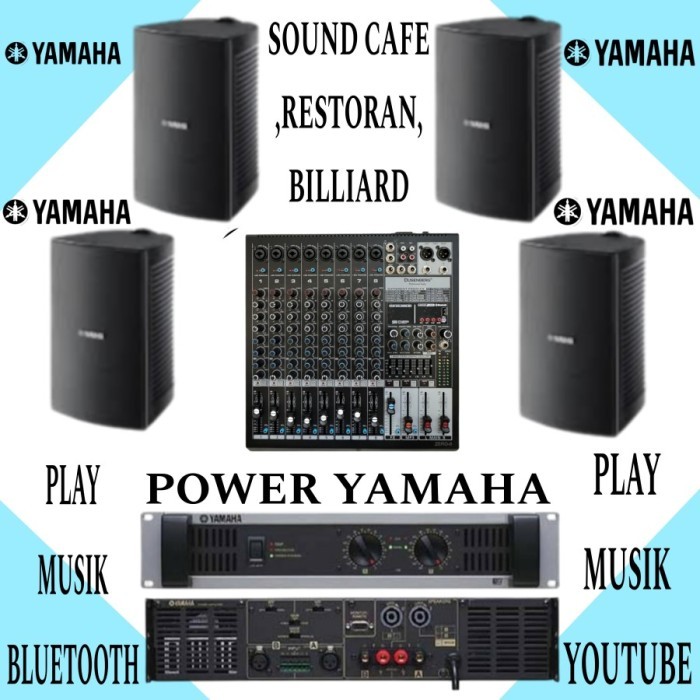 PAKET POWER YAMAHA SPEAKER YAMAHA VS 4, MIXER BLUETOOTH SPEAKER GANTUNG 4 TITIK, DI CAFE BILLIARD KA