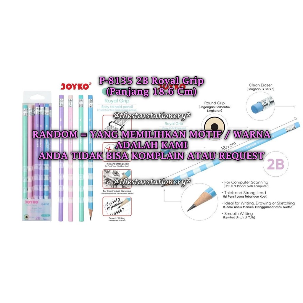 

(1 Biji) GROSIR Pensil JOYKO P-8135 Royal Grip / Pencil Pensil Joyko P-8135 2B RANDOM (1 Biji)
