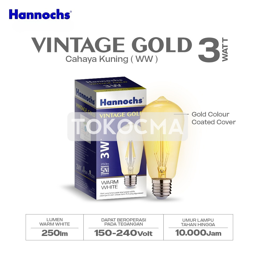 Hannochs Lampu LED Filament Vintage 3W 3Watt Lampu Cafe Cahaya Kuning Warm White