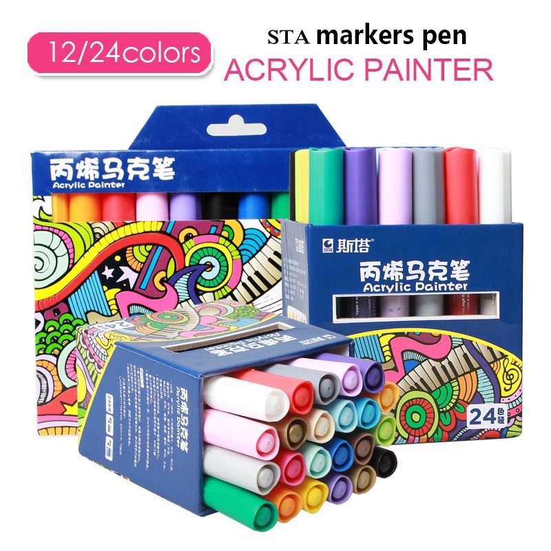 

STA Acrylic Paint Marker 12-24 Warna Permanen DIY Pen Kelir Akrilik Stationery Set Menggambar Melukis Mewarnai Ready Realpict