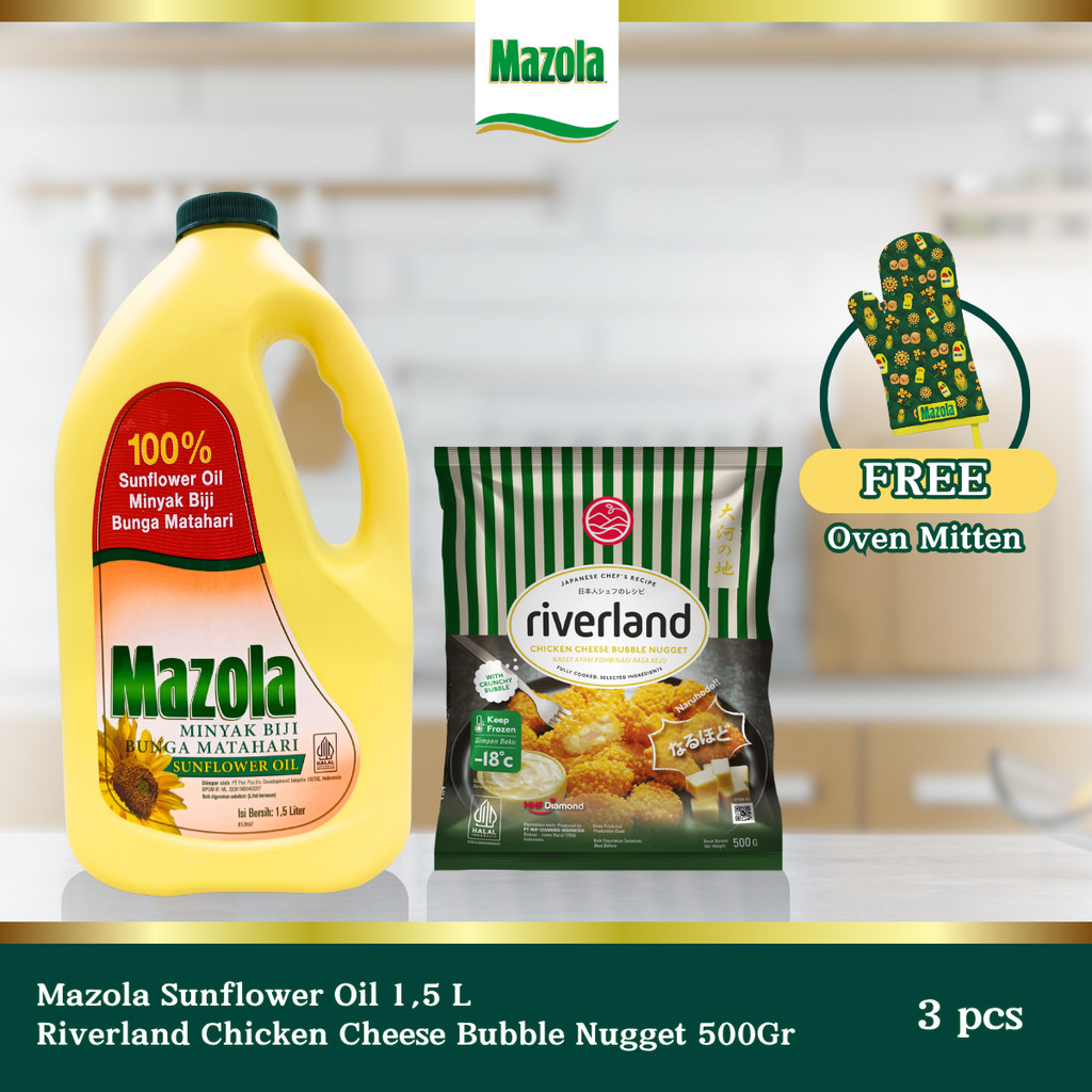 

[Bundle Hemat] Sunflower Oil 1.5 Lt + Riverland Chicken Cheese Bubble Nugget 500 gr + Oven Mitten