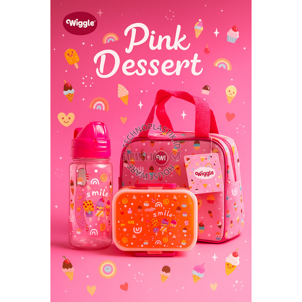 WIGGLE  Lunch Box Paket Hemat Pink Dessert Lunch Box Bag Bottle Kotak Bekal Lock Botol Tas Lunch Bag