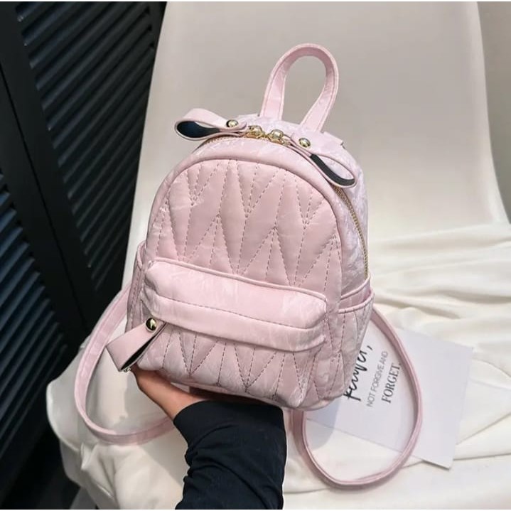 FINDA - Tas Ransel Mini Motif Garis Bordir OOTD Wanita Lucu Tas Punggung Bahan Sintetis Semi Kulit P