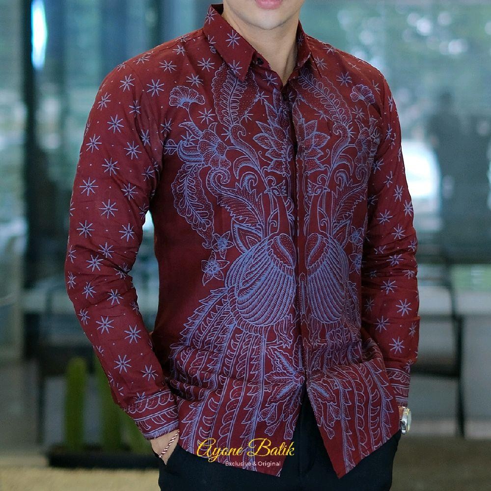 Kemeja Batik Pria Lengan Panjang Pendek Handara Marun Batik Pria Slim Fit Merah Marun Lengan Panjang