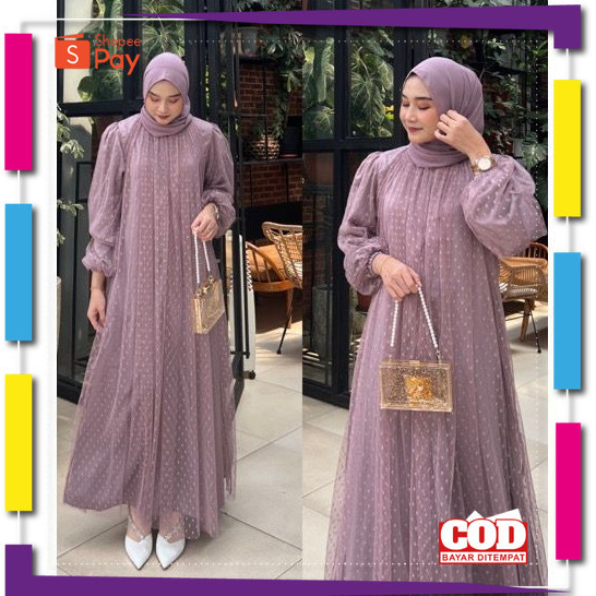 [PREMIUM ORIGINAL] Aziee Dress Set Outer Size Jumbo M-XXL Dress Satin Mix Tulle Dot Kondangan Mewah 