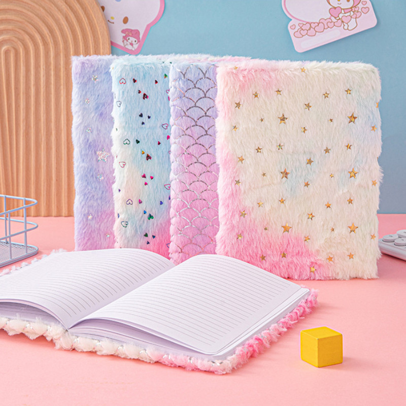 

1Pc Aesthetic Dreamy Gradient Color Plush Cover Notebook 80sheets Inside Page Student Daily Planner Cute Girl Journal Diary Book