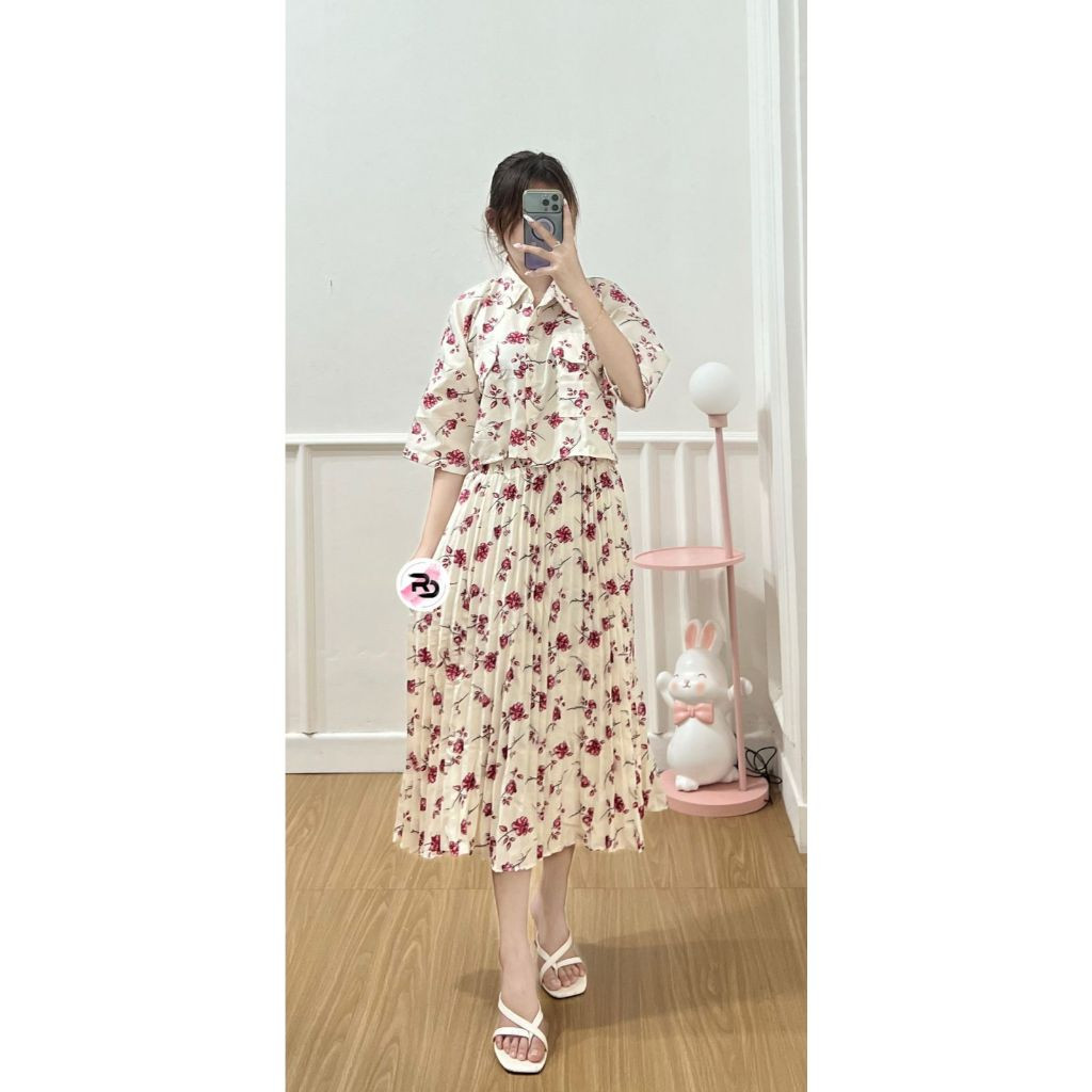One Set Fuji / One Set Clara Kemeja Crop & Rok Midi Plisket