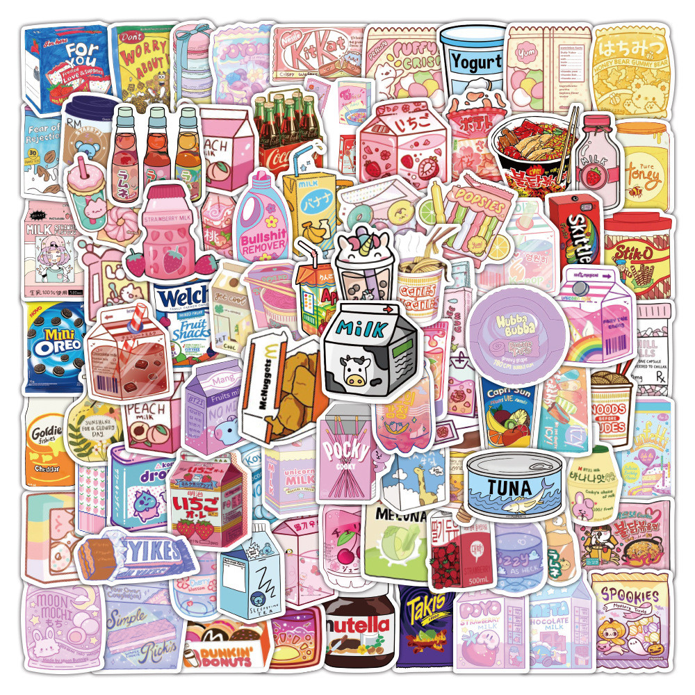 

100Pcs Cartoon Snack Food Stickers Packaging Waterproof Laptop Phone Bike Refrigerator Scrapbooking Decals Sticker Children