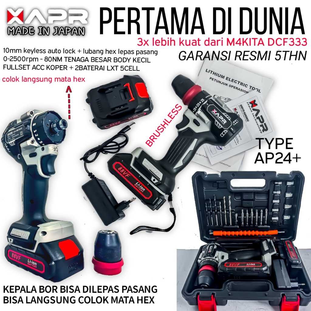 APR JAPAN BOR BATERAI 10MM 88VF 2 BATERAI XAPR JAPAN TECHNOLOGY AP24+ POWERTOOLS BOR CORDLESS
