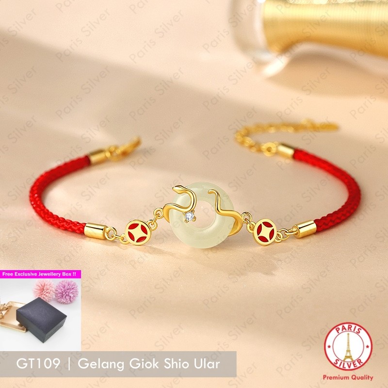 Gelang Shio Ular Batu Giok Perak Asli 925 Lapis Emas Kuning 18K Dengan Tali Kain Merah