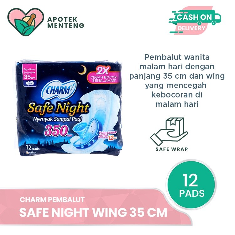 Charm Pembalut Safe Night 35 cm Wing 12 Pads - Pembalut Malam  35 cm
