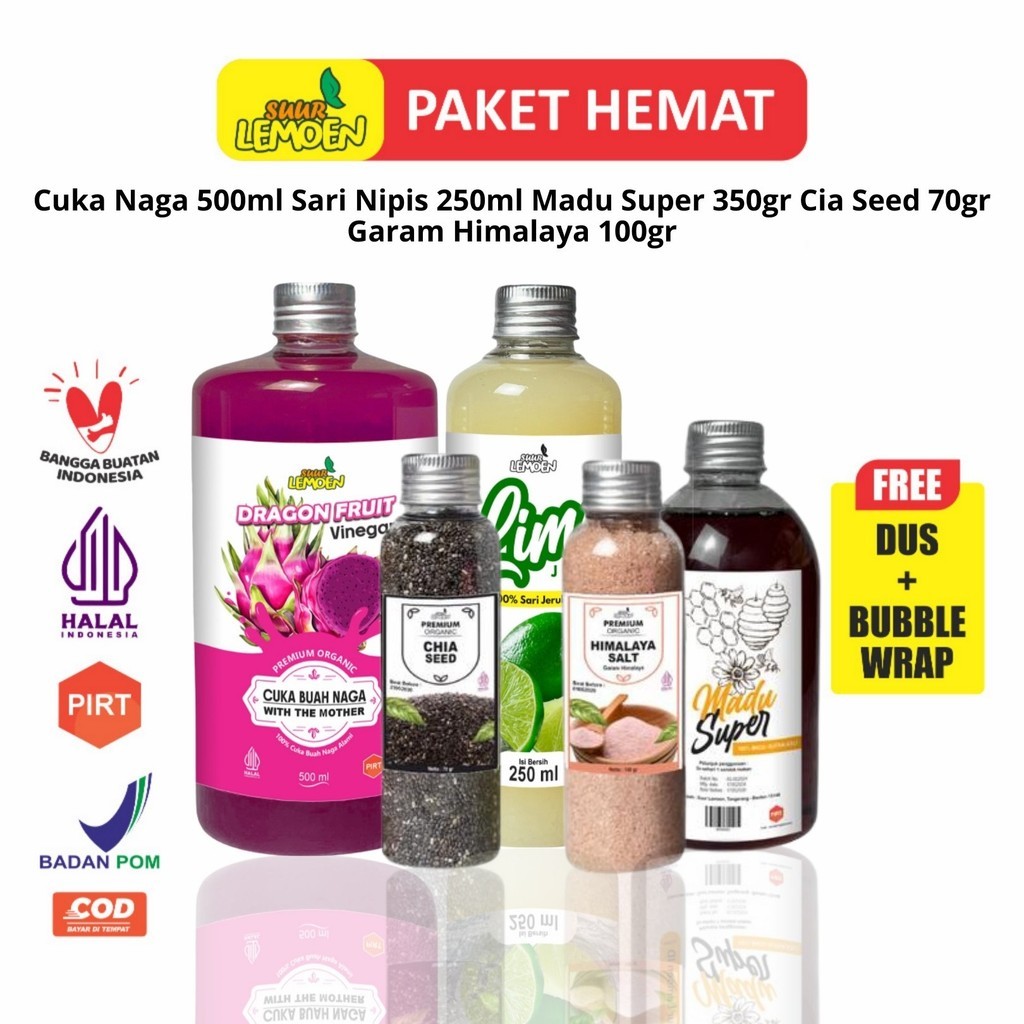 

Paket Diet Detox 5in1 SMAL Paket Hemat Cuka Buah Naga Sari Nipis Chia Seed Madu Hutan Garam Himalaya