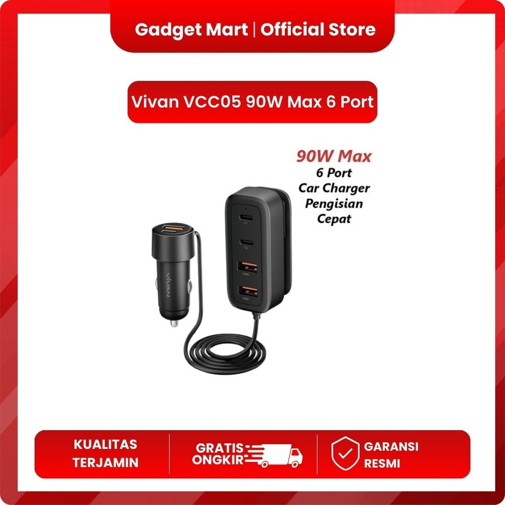 Vivan VCC05 90W Max 6 Port Car Charger Fast Charging USB-A USB-C BLACK