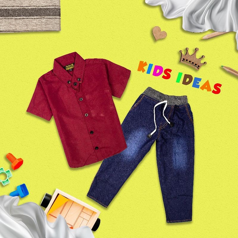 Setelan Anak Laki  Baju Kemeja Lengan Pendek dan Celana Panjang Jeans konveksi LITTELSHOPLTZ