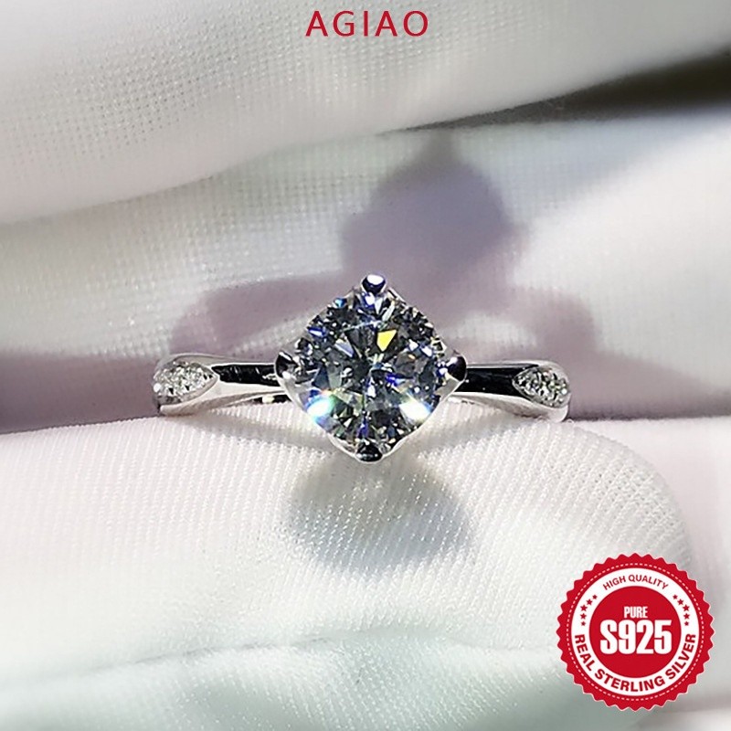 AGIAO PT950 Cincin Moissanite Emas Putih Ring Berlian Pertunangan Wanita Elegan Empat Cakar