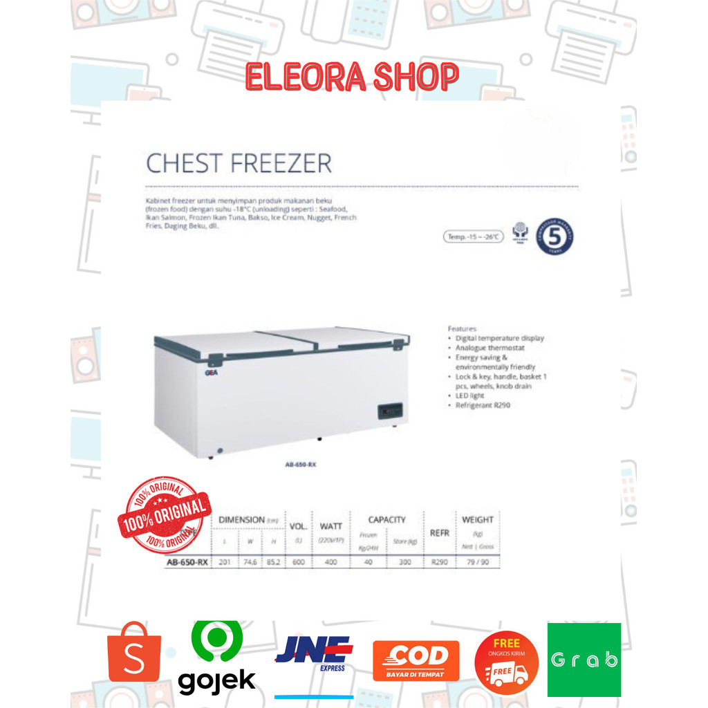 GEA CHEST FREEZER AB650-RX KAPASITAS 600 LITER AB 650 RX 400 WATT GARANSI