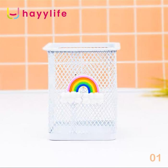 

AHHA Hayylife Pen Holder Stainless-Tempat Pen Stand Besi Puplen Organizer Tempat Alat Tulis/Pen Box Untuk Di Meja HL-AGB836 Desk - putih pelangi