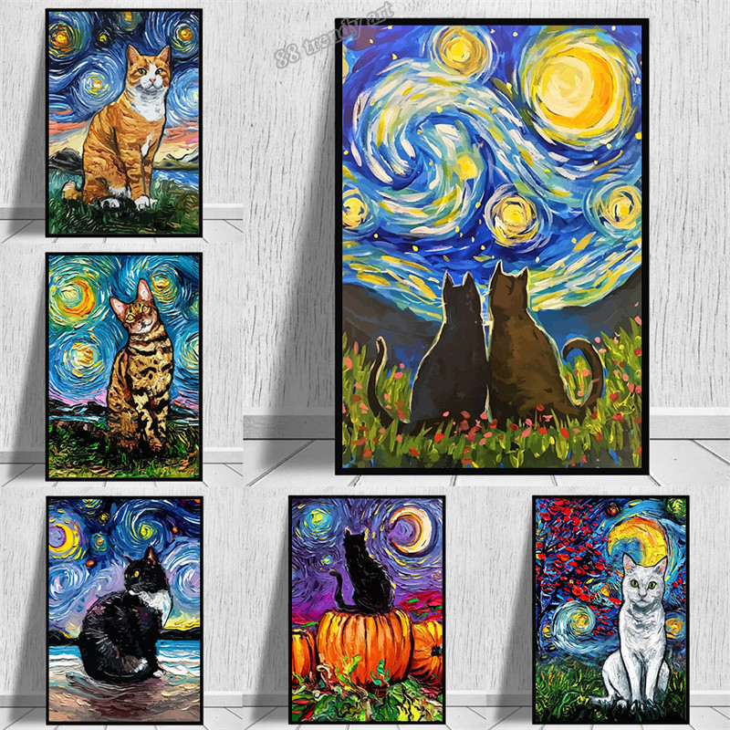 

Cat Starry Night Van Gogh Canvas Oil Painting Abstract Cat Art Posters and Prints Nordic Wall Art Pictures for Living Room Decor