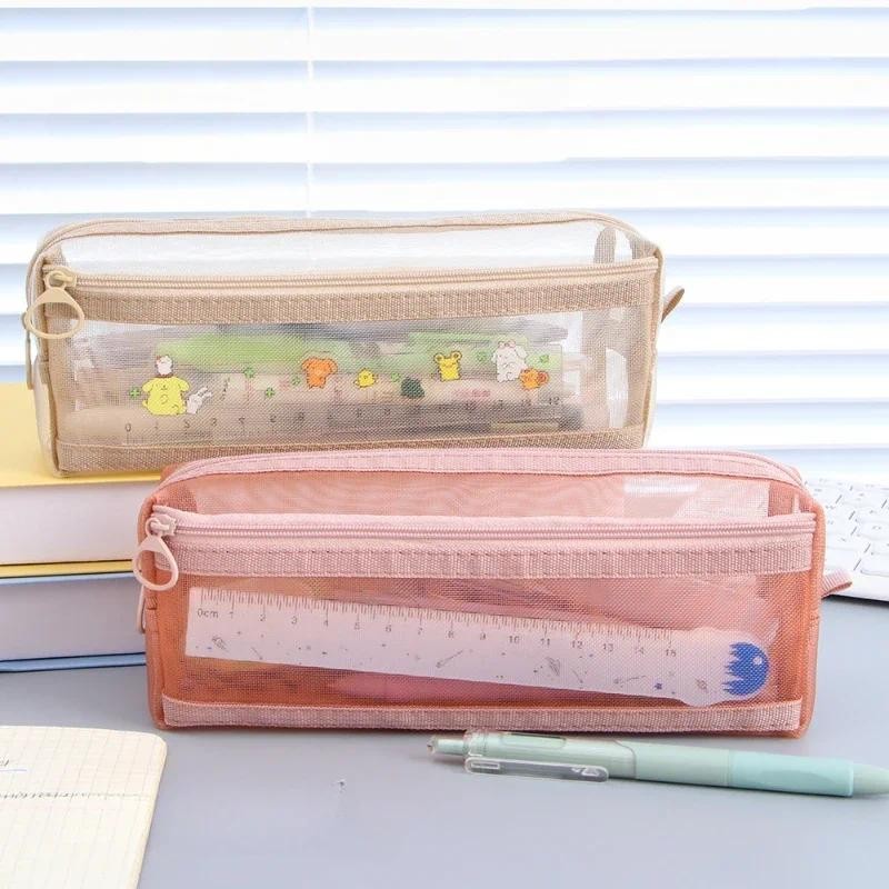 

Simplicity Nylon Mesh Pencil Case for Kids Fashion Solid Color Stationery Organizer Portable Zipper Pen Bag Student Supplies